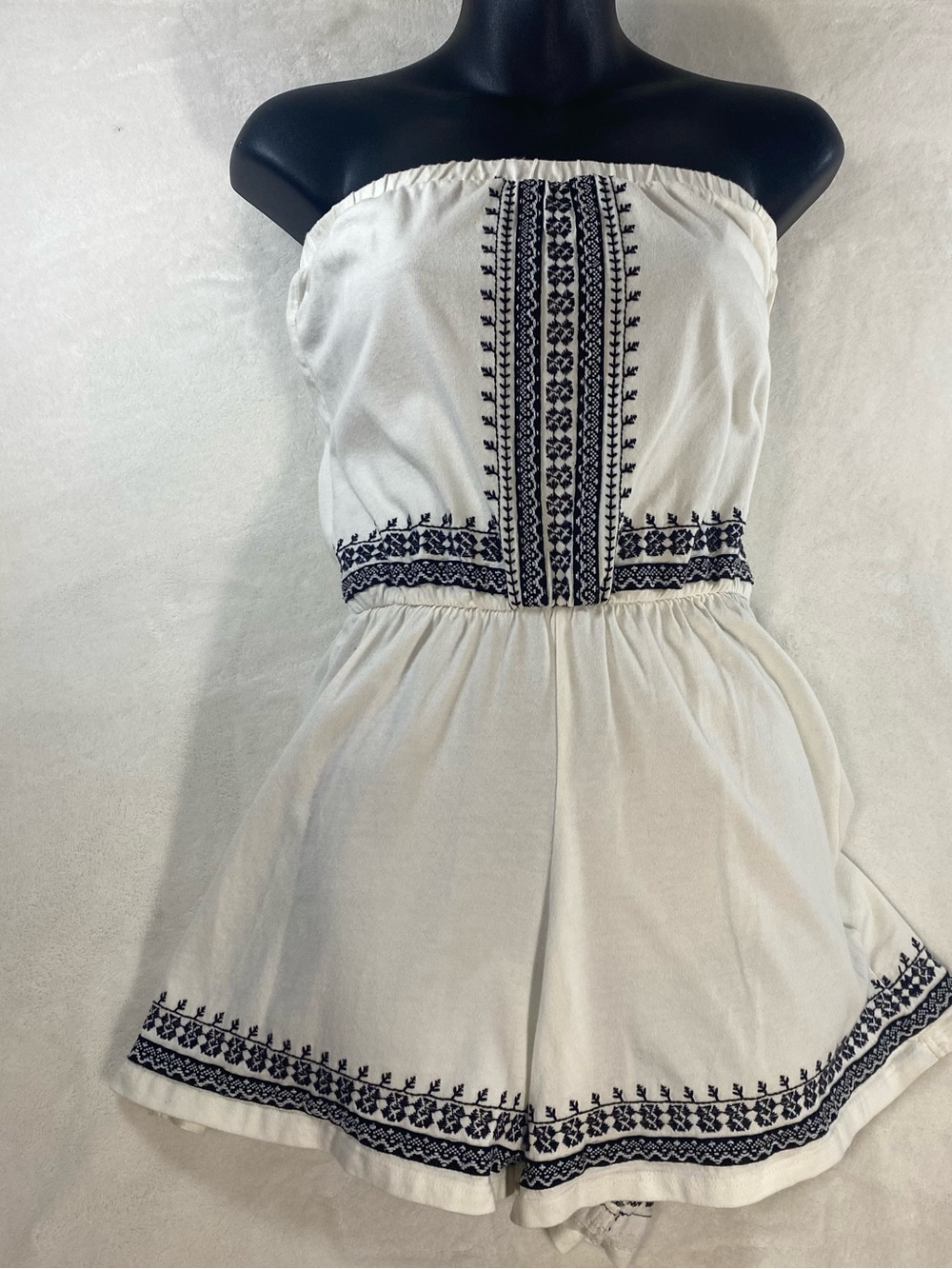 Topshop Tall Strapless Embroidered Boho Romper Playsuit White and Navy Size 6